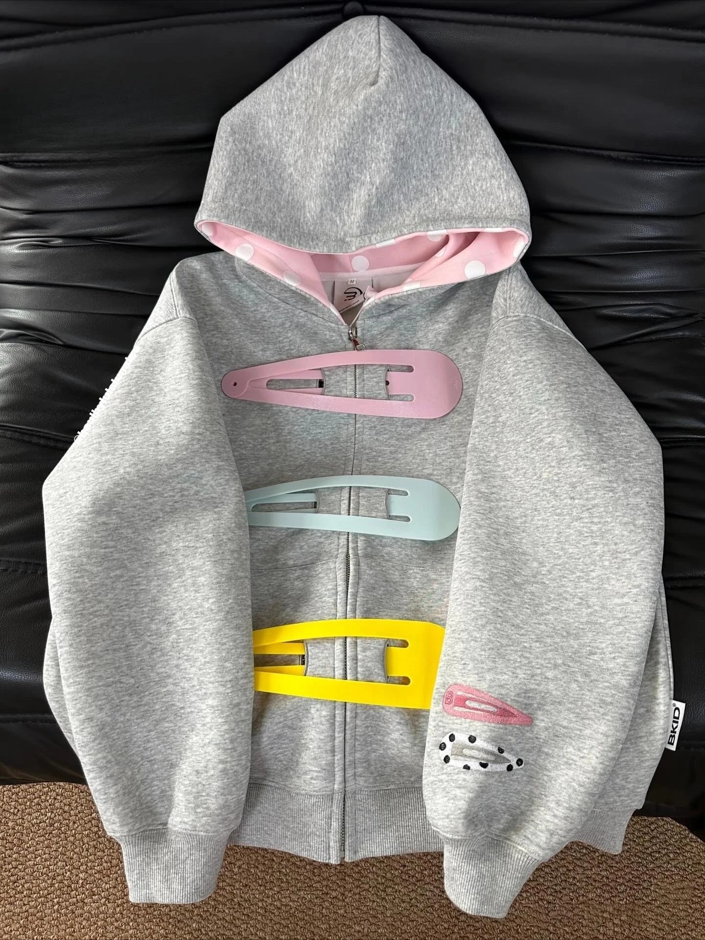 Retro Polka Dot Zip Up Hoodie w/ Detachable Clips